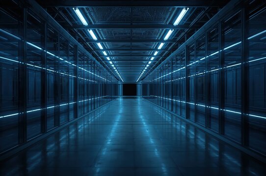 High tech infrastructure hallway in data center facility with symmetrical perspective and cool lighting for internet service provider background concept.