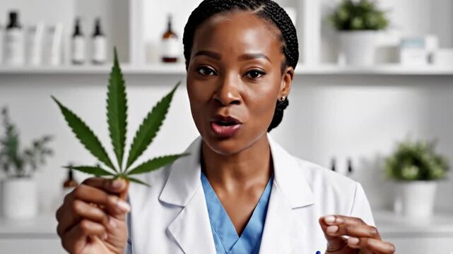 A confident and friendly female professional, possibly a scientist, researcher, or healthcare provider, stands in a brightly lit laboratory or wellness product setting. She wears a clean white lab coa