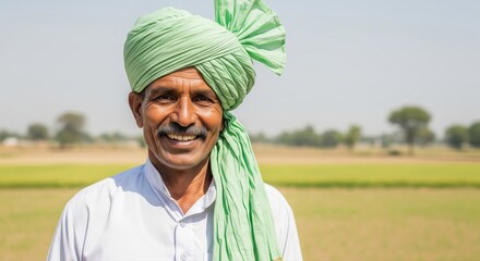Happy Indian Farmer with Green Turban in Rural Field