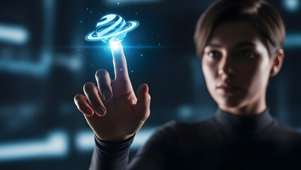 Woman Touching Holographic Planet Interface finger