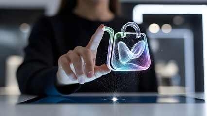 Woman's Hand Interacting with Holographic Shopping Bag Icon