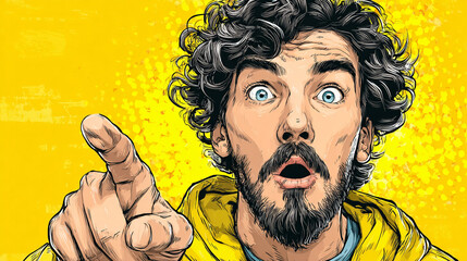 A man with curly hair and a surprised expression pointing
