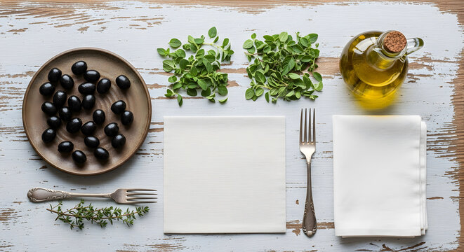 Black olives, fresh oregano, olive oil, and antique forks on rus