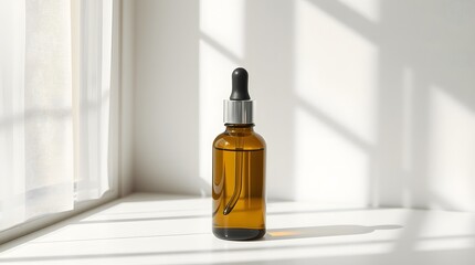 amber glass dropper bottle in natural daylight skincare mockup