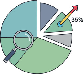 A colorful flat-design vector of a pie chart in various green and gray shades. It features a magnifying glass for analysis and a red upward arrow highlighting a 35% growth segment.