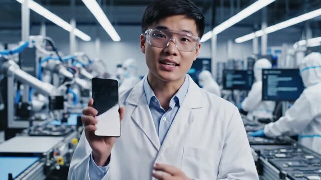 A confident Asian male professional, dressed in a white lab coat and protective safety glasses, actively speaks while presenting a sleek black handheld device in a state-of-the-art facility. His anima