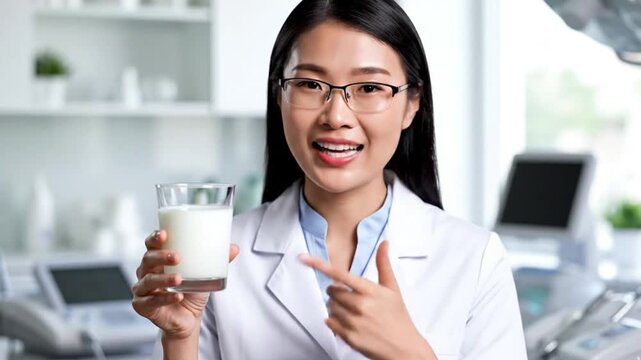 A confident East Asian healthcare professional or expert, wearing glasses and a white lab coat, stands in a brightly lit, modern medical or laboratory setting. She holds a clear glass filled with a wh