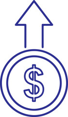 A purple line art vector featuring a round coin with a central dollar symbol, positioned directly beneath a bold arrow pointing vertically upward, symbolizing monetary value growth and investment.
