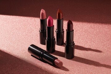 Five lipsticks in various shades on a sparkling pink surface makeup beauty cosmetics