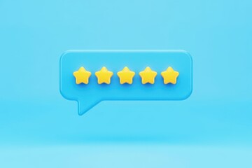 Five yellow stars in a blue speech bubble on a blue background five stars star rating