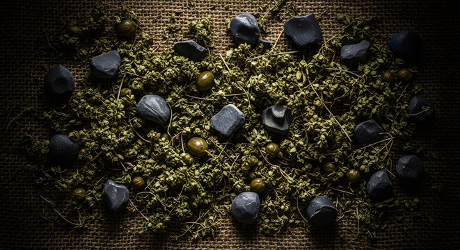 Dark still life composition of dried herbs, smooth black stones,