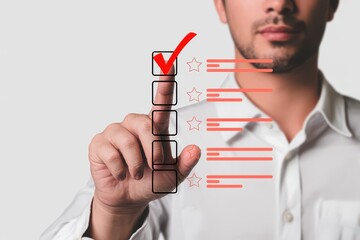 Man s hand touching red checkmark on digital checklist finger