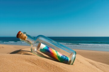 Message in a bottle with rainbow paper rests on sandy beach ocean