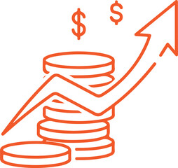 An orange line-art vector graphic featuring rising stacks of coins and an upward-trending arrow with floating dollar signs, symbolizing financial growth and high investment returns.