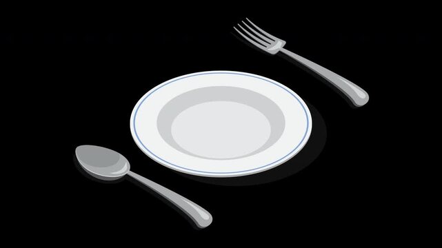 Isometric cutlery set animation with spoon, fork, and plate. Isometric cutlery. Isometric tableware. Transparent background with alpha channel
