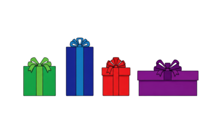 Four vibrant green, blue, red, and purple gift boxes, neatly wrapped with matching ribbons, arranged horizontally on a crisp white background with large copy space. Festive celebration concept