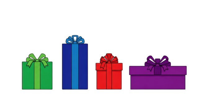 Four vibrant green, blue, red, and purple gift boxes, neatly wrapped with matching ribbons, arranged horizontally on a crisp white background with large copy space. Festive celebration concept - Powered by Adobe