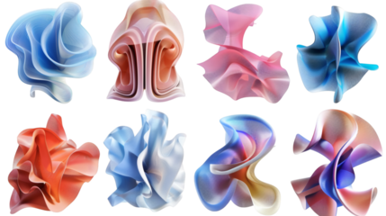 Set of abstract shapes in freeform gradient styles 3D rendered isolated on a white background
