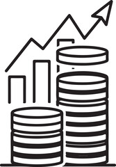 Black and white line art vector featuring two coin stacks of varying heights positioned in front of a rising bar graph and an upward-pointing arrow, symbolizing financial growth and profit.
