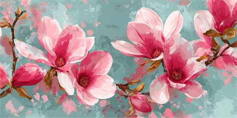 A close-up of beautiful pink magnolia flowers on a light blue background, perfect for wallpaper, design, or nature lovers. © darkheaven