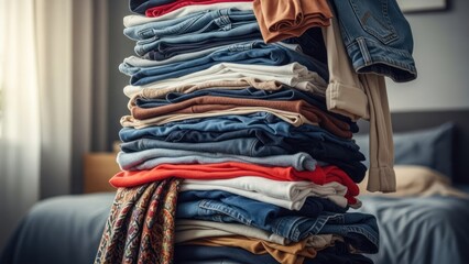 Stack of Folded Clothes on Bed.