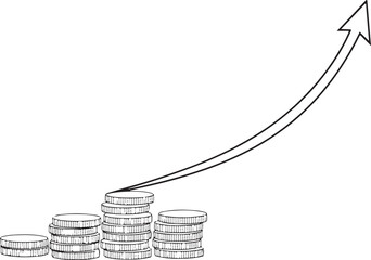 A black and white line art vector featuring stacks of coins arranged in ascending heights, with a large arrow curving upwards to symbolize financial growth, profit, and economic success.