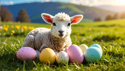 Easter eggs on green grass with a sitting lamb, symbol of Easter