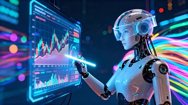 Robot analyzing financial data on screen