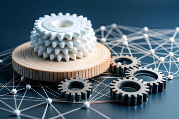 Stacked ceramic and metallic gears on wooden platform with abstract network overlay, symbolizing automation, machine learning, and system integration