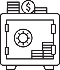 A black and white line-art vector icon of a bank safe with a combination dial, containing stacks of coins inside and more coins with a dollar symbol resting on top.