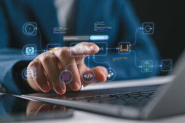 Businessman interacting with an AI agent interface to automate processes, manage digital workflows, process data, and control smart systems, highlighting AI-driven innovation.