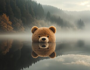 Plush teddy bear floating in serene lake surrounded by misty forest  
