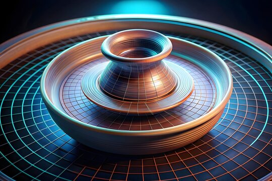 3D hyperboloid structure with reflective surface on gradient grid plane, visualizing spacetime curvature and mathematical symmetry in futuristic digital space