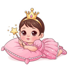 Cute Baby Princess Illustration with Pink Dress and Magic Wand