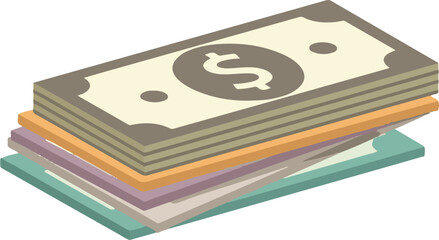 Fototapeta premium A colorful vector illustration of a stack of paper currency. The top bill features a prominent dollar sign, with multiple multicolored notes layered underneath in a clean, flat design.