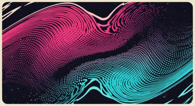 Neon glowing palette is applied to vintage poster halftone waves with diagonal distortion. Futuristic retro concept - Powered by Adobe