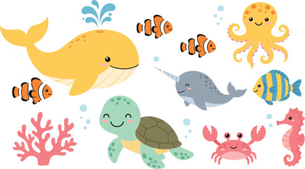 Cute Sea Creatures Collection with Whale, Turtle, Narwhal, Octopus, Seahorse, and Clownfish for Undersea Nursery Decor.