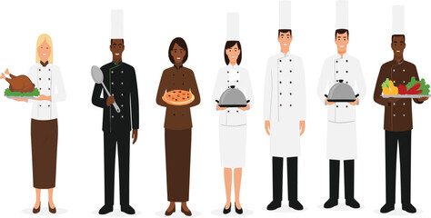 Diverse Professional Chef Character Set in Uniform Holding Various Food Dishes and Kitchen Tools.