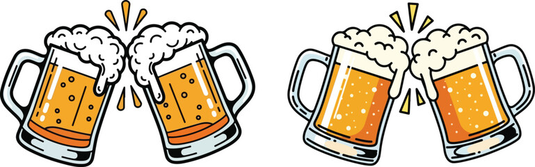  Beer mug set vector illustration with foam and amber liquid in a celebratory toast eps