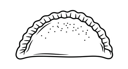Fototapeta premium Black and white line art drawing of a fried empanada or dumpling with a crimped edge and textured surface on a white background.