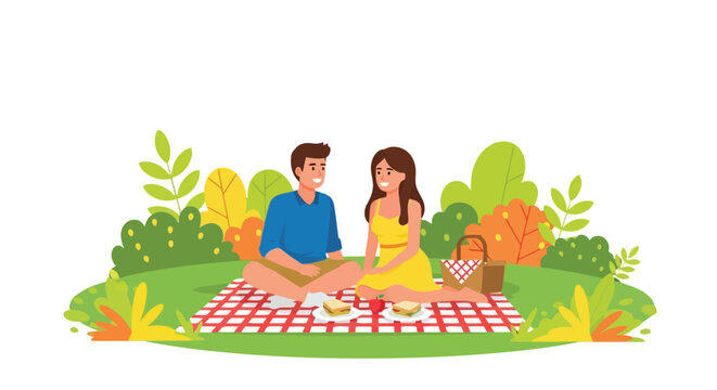 Illustration of couple enjoying a romantic picnic on a checkered blanket in a park surrounded by lush green trees and bushes on a sunny day - Powered by Adobe