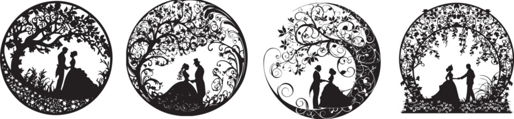Silhouette Romance: Four artistic black and white illustrations evoke the romantic essence of a couple, nestled beneath the canopy of sprawling trees. Capturing the intimacy of their bond. 