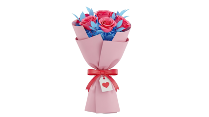 Pink Rose Bouquet with Red Ribbon and Heart Tag
