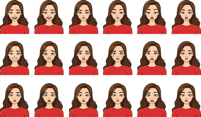 Young Woman Character Facial Expressions Set with Diverse Emotions and Feelings in Red Shirt.
