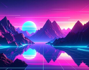 Digital synthwave landscape with mountains, sunset and water reflection