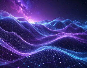 Fototapeta premium Digital waves landscape with glowing network and starry sky
