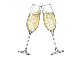 Elegant, crystal-clear watercolor champagne flutes clinking, filled with golden sparkling wine, isolated on a bright white background, showcasing glass refraction and fine perlage. Concept of