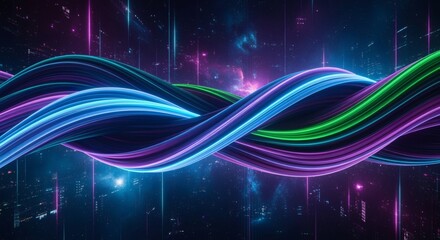 Neon night distortion is applied to fluid abstract waves with glowing folds. Futuristic surreal concept