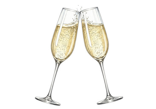 Elegant, crystal-clear watercolor champagne flutes clinking, filled with golden sparkling wine, isolated on a bright white background, showcasing glass refraction and fine perlage. Concept of