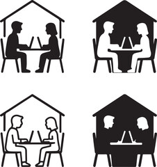 Isolated remote work couple scene icon, remote work home office concept, couple remote business lifestyle silhouette, minimal work from home illustration, freelance branding vector